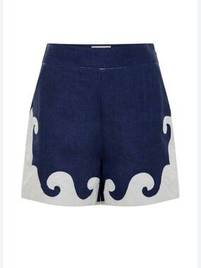 Carolina K Gilda Navy and White Wave-Trim Linen Shorts size XS